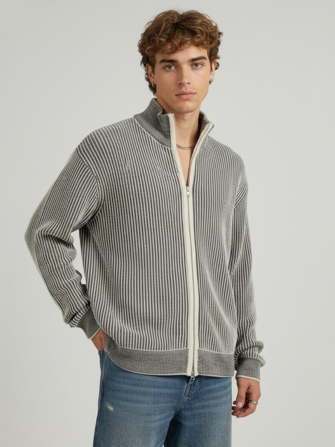 glitchez Mock Collar Self-Striped Oversized Cardigan