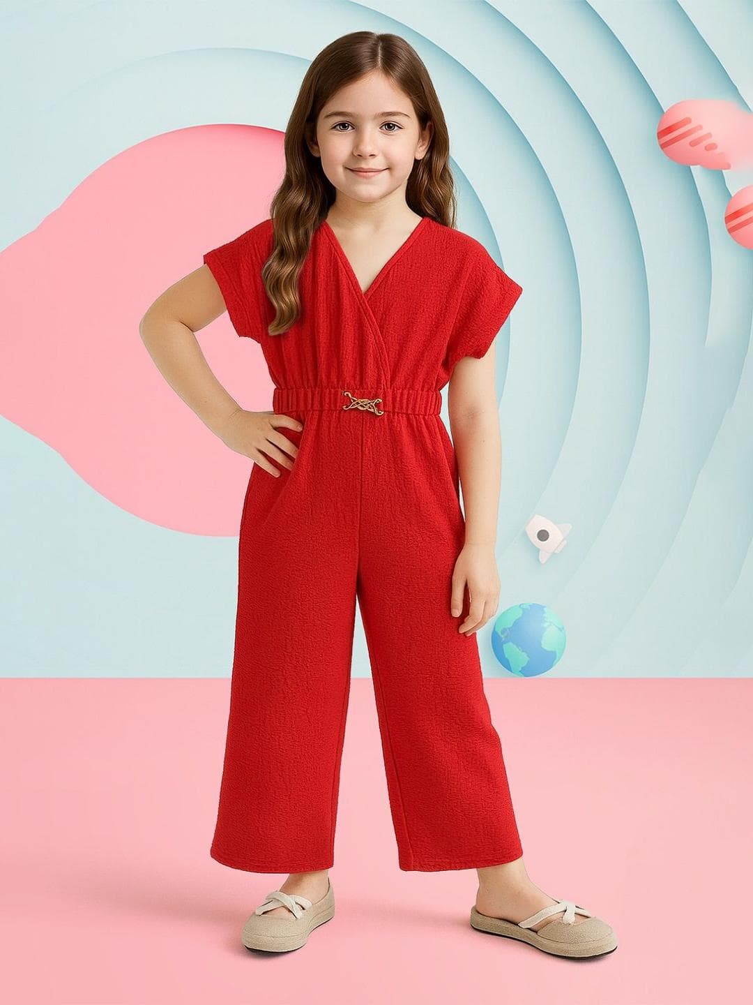 YK Girls V-Neck Cap Sleeves Belted Wide-Leg Basic Jumpsuit