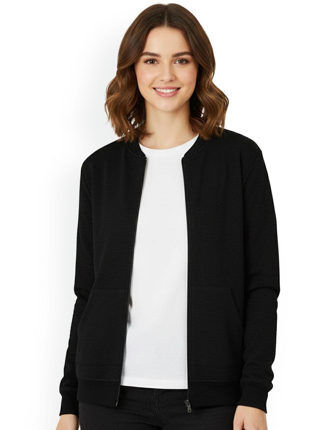 Leotude Women Collarless Solid Bomber Jacket With Zipper Closure And Side Pockets