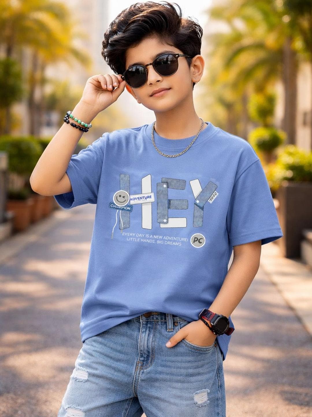 KEESOR Boys Blue Cotton Tshirts