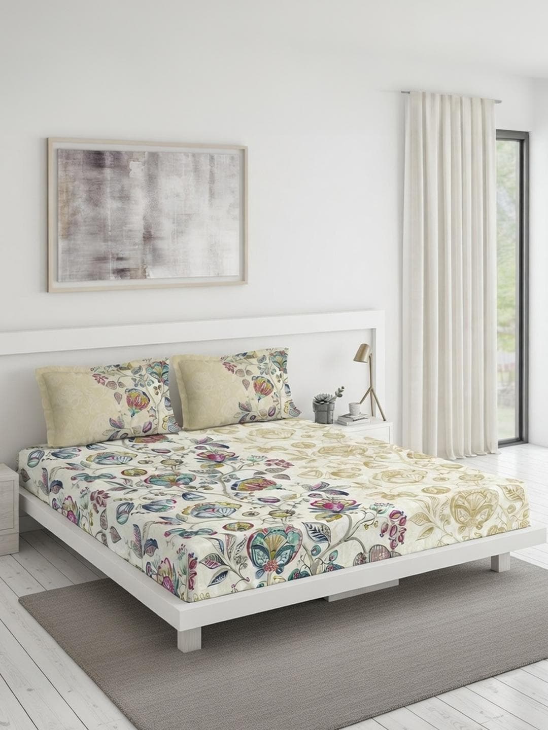 DDecor Blue Pure Cotton Ethnic 145TC Queen Flat Bedsheet with 2 Pillow Covers