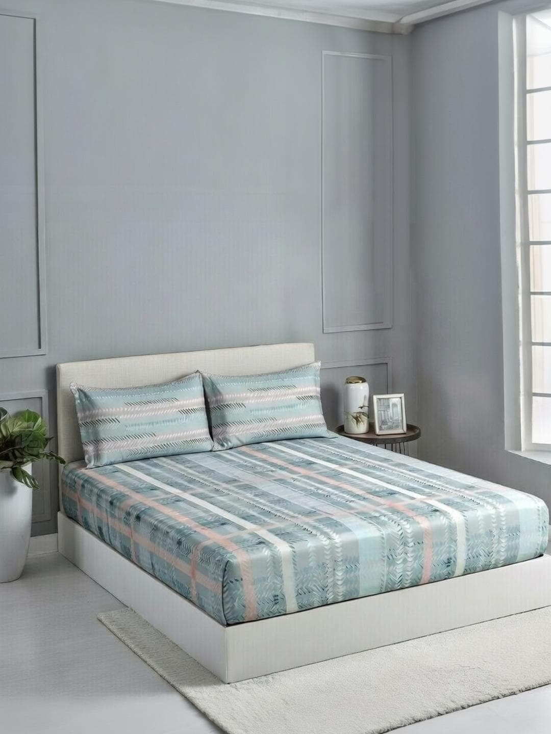 DDecor Blue Pure Cotton Geometric 145TC King Fitted Sheet with 2 Pillow Covers