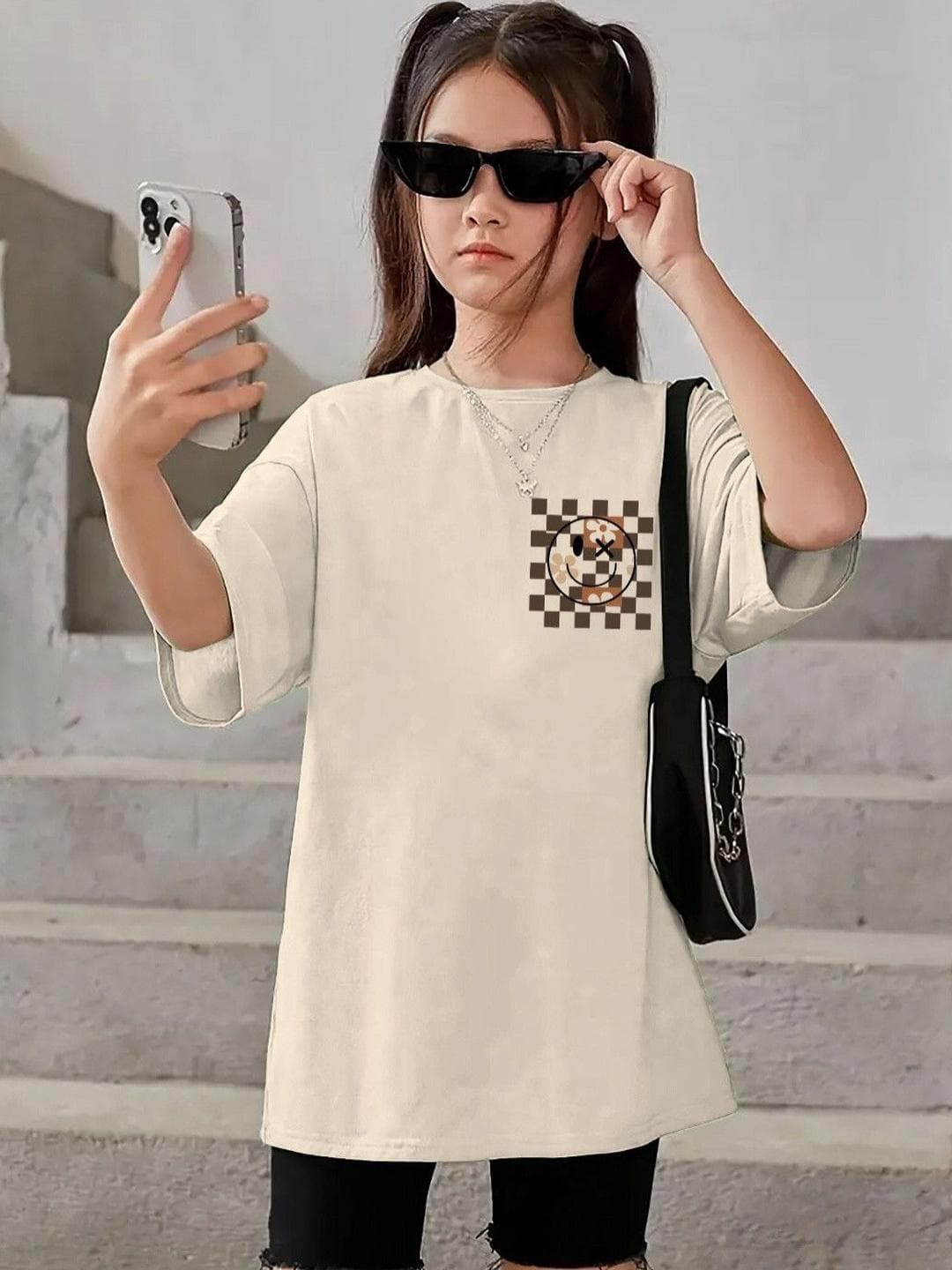 KEESOR Girls Printed Drop-Shoulder Sleeves T-shirt