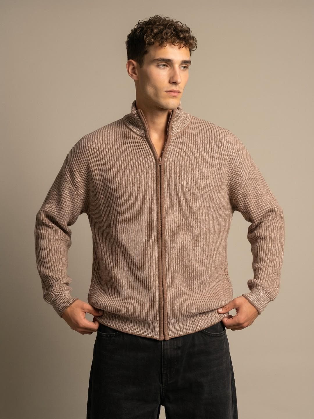 glitchez Striped High Neck Knitted Cardigan