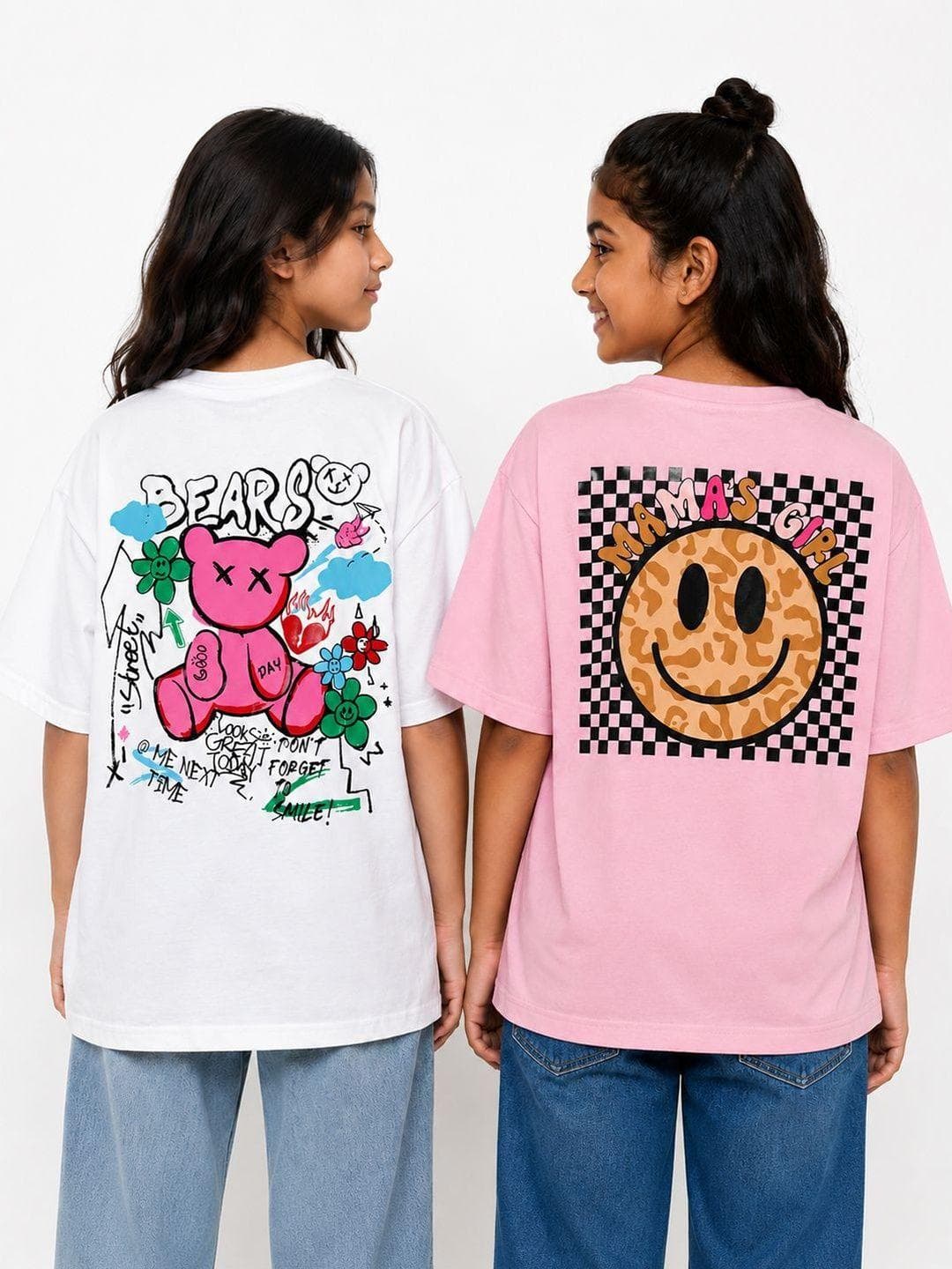 KEESOR Girls Pack Of 2 Printed Drop-Shoulder Sleeves T-shirts