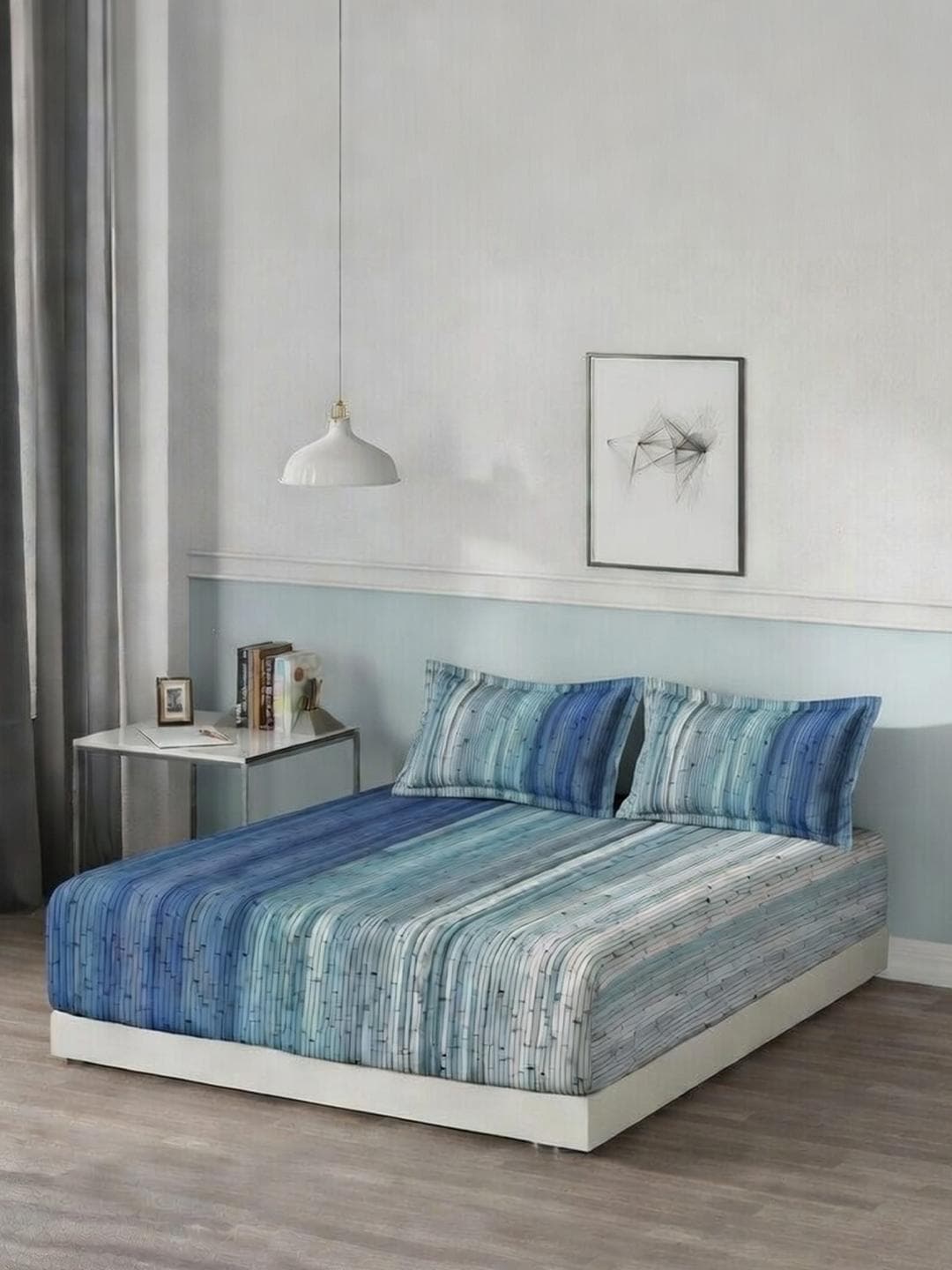 DDecor Blue Abstract 145TC Queen Flat Pure Cotton Bedsheet with 2 Pillow Covers