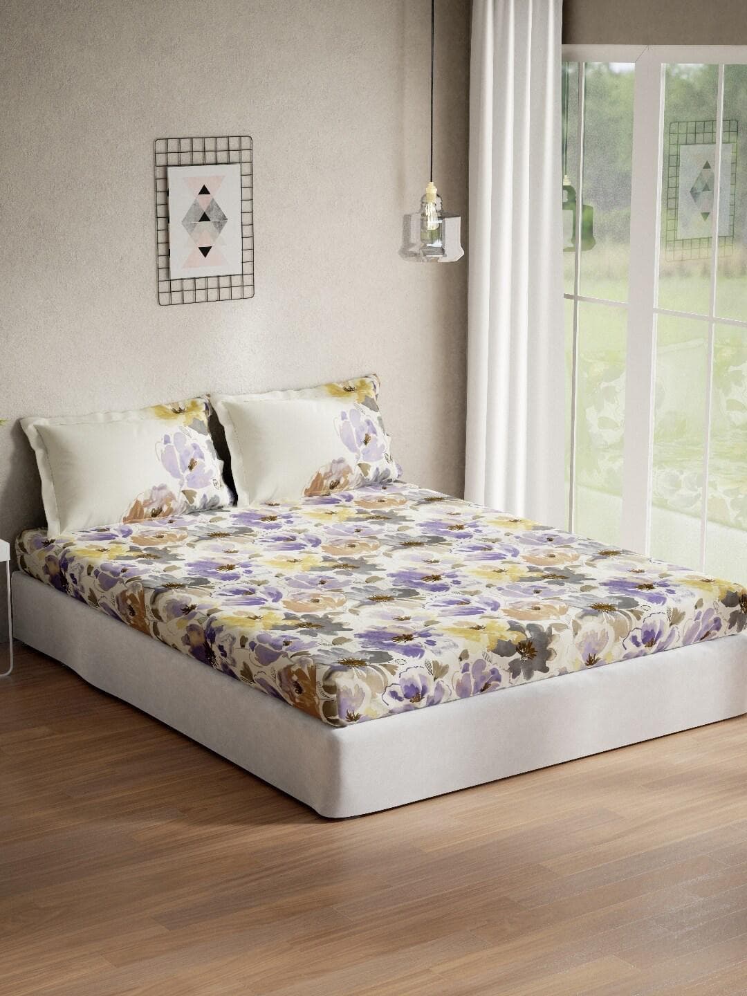 DDecor Optima Collection Purple Floral Cotton 136TC Queen Bedsheet with 2 Pillow Covers