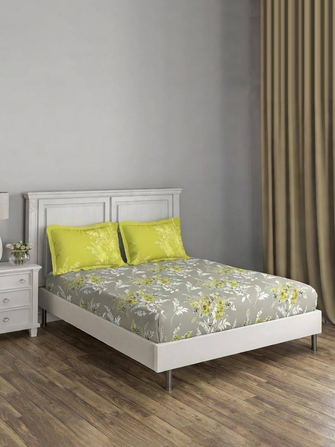 DDecor Yellow Floral 145TC Queen Flat Pure Cotton Bedsheet with 2 Pillow Covers