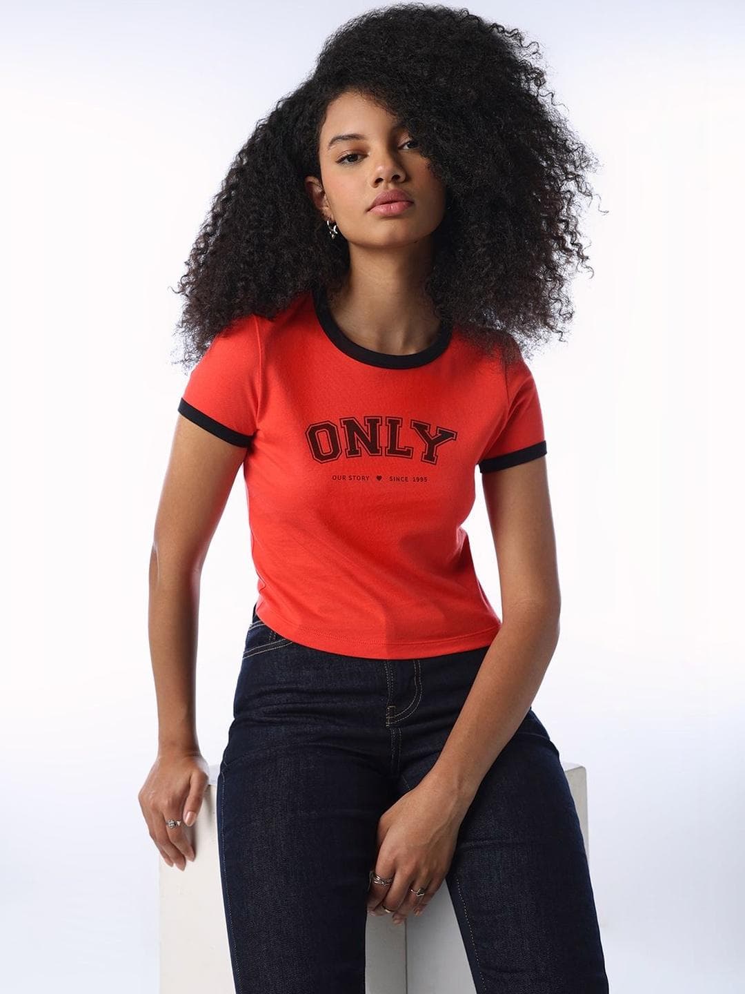 ONLY Women Typography Printed Round Neck Slim Fit Cotton T-shirt
