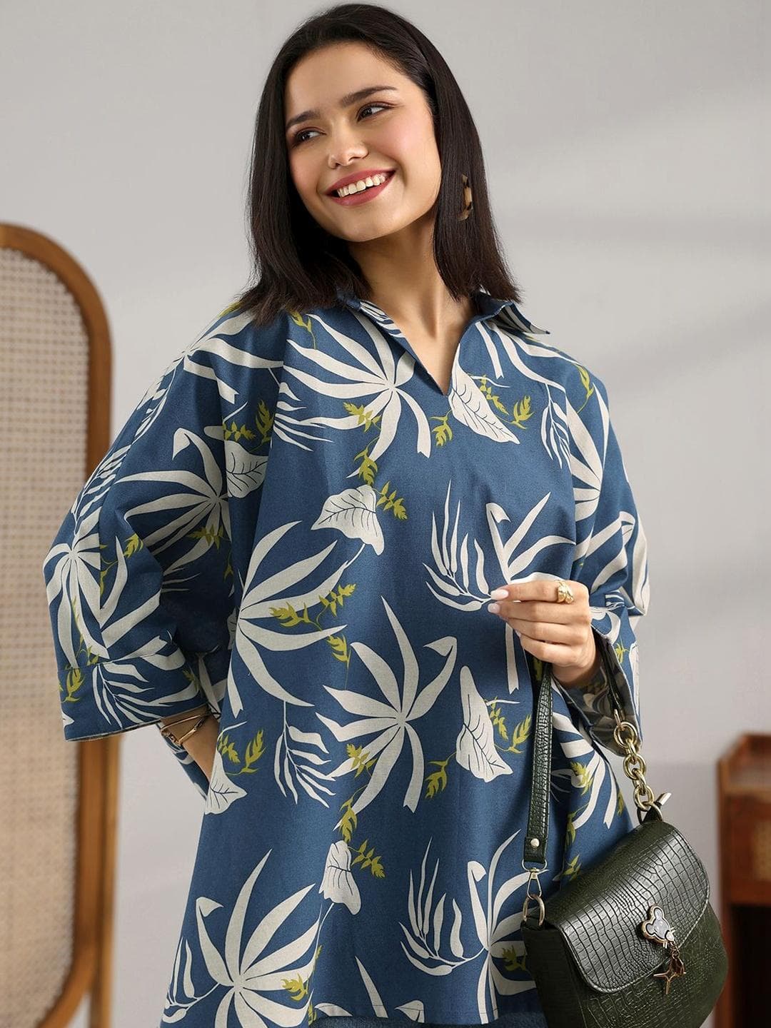 Libas Botanical Printed Shirt Collar Kurti