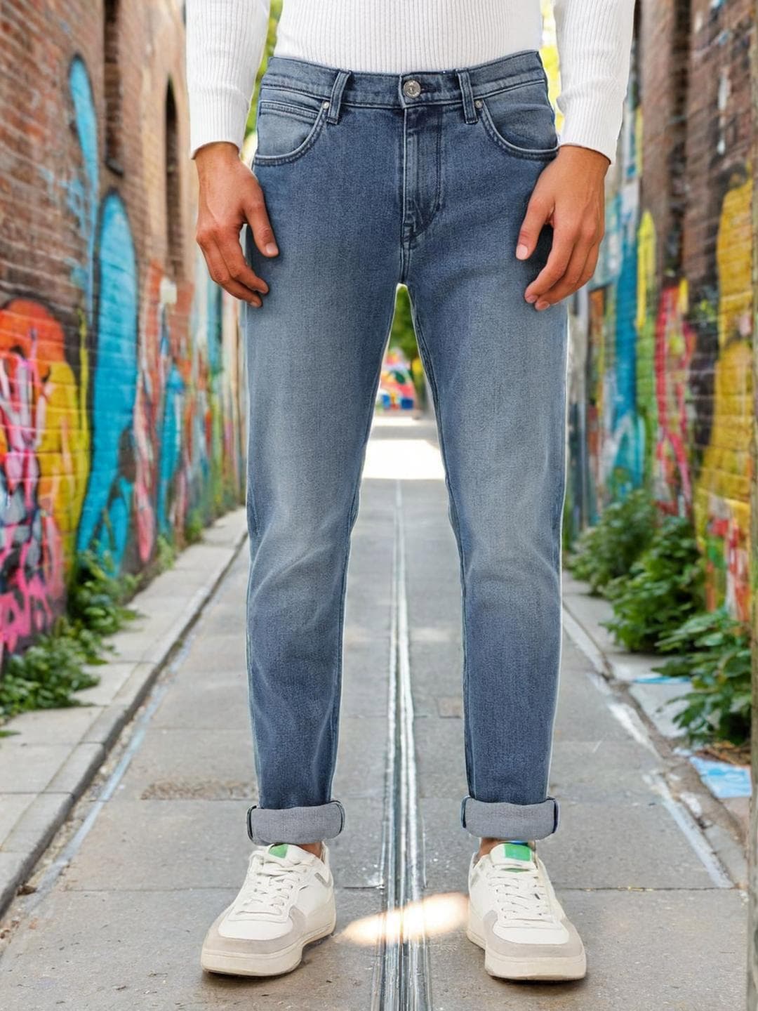 Lee Men Bruce Skinny Clean Look Fit Cuffed Hem Heavy Fade Stretchable Cotton Jeans