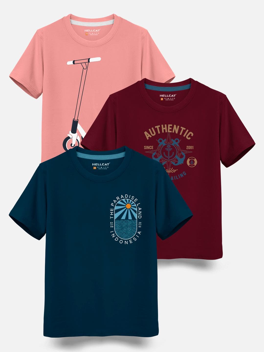 HELLCAT Boys Pack Of 3 Printed Cotton T-shirt