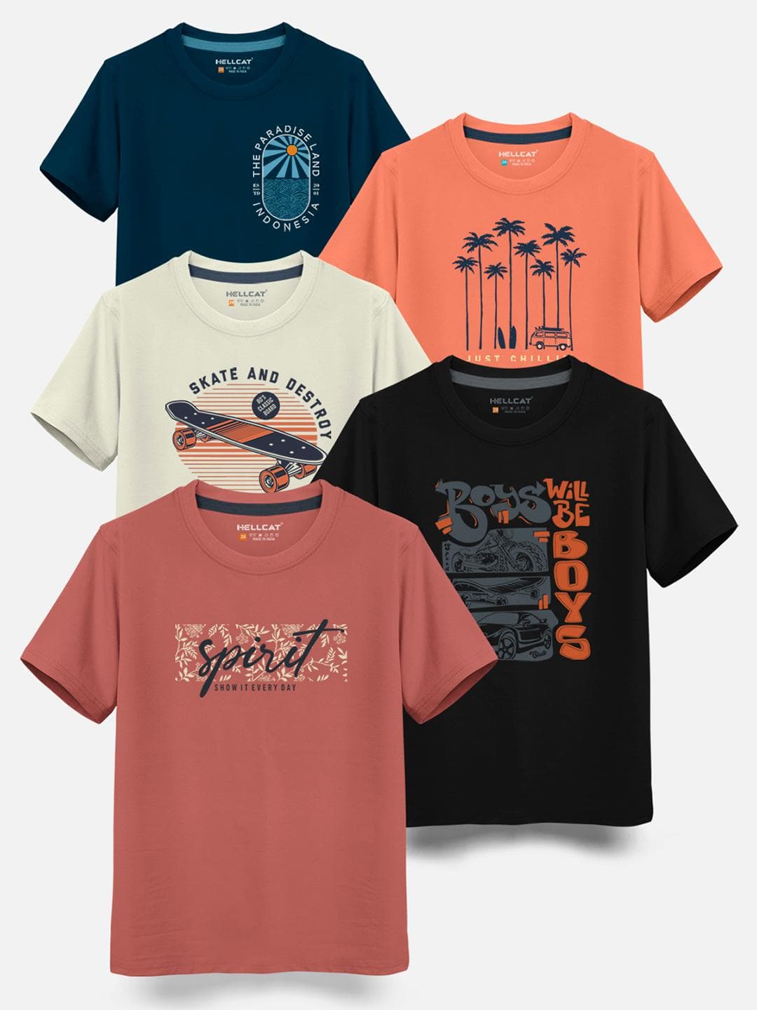 HELLCAT Boys Pack Of 5 Graphic Printed Cotton T-shirt