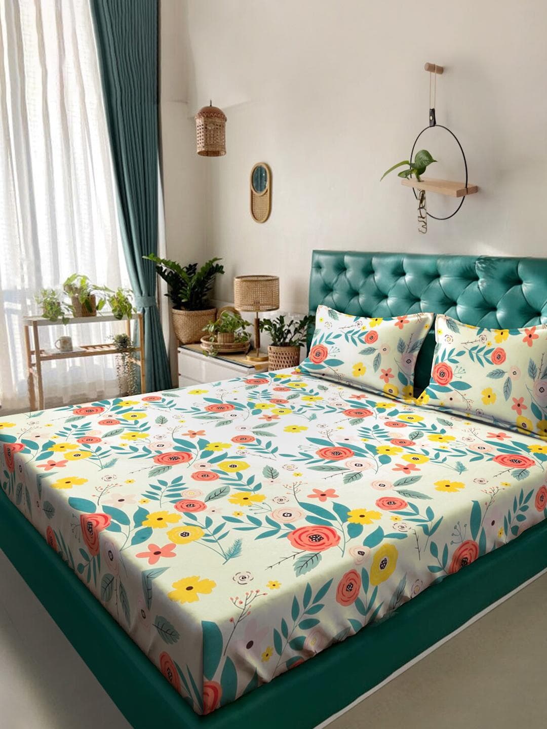 Buy KLOTTHE White Floral Cotton 300 TC Fitted King Fine Bedsheet With 2 Pillow Covers 98 X 89 Inches - - Home for Unisex