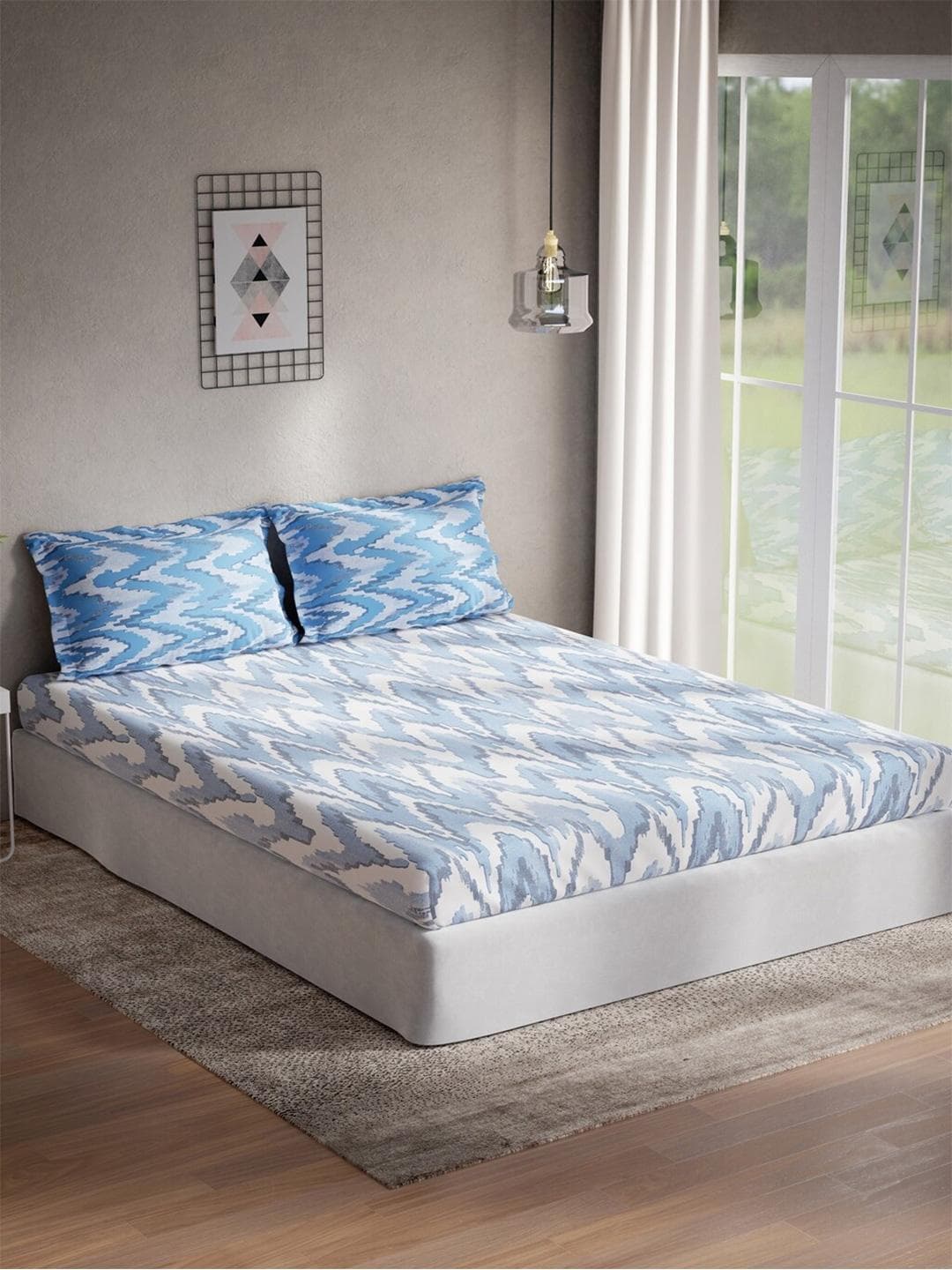 DDecor Alpha Collection Blue Abstract Cotton 145TC Queen Bedsheet with 2 Pillow Covers