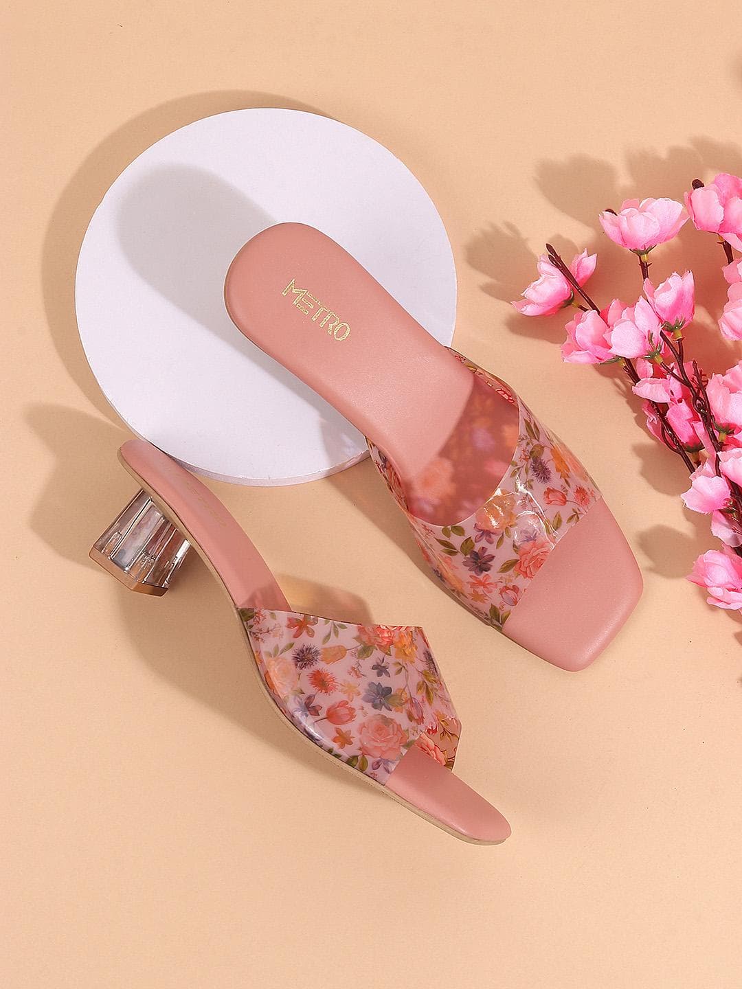 Metro Womens Pink Printed Open Toe Block Heels