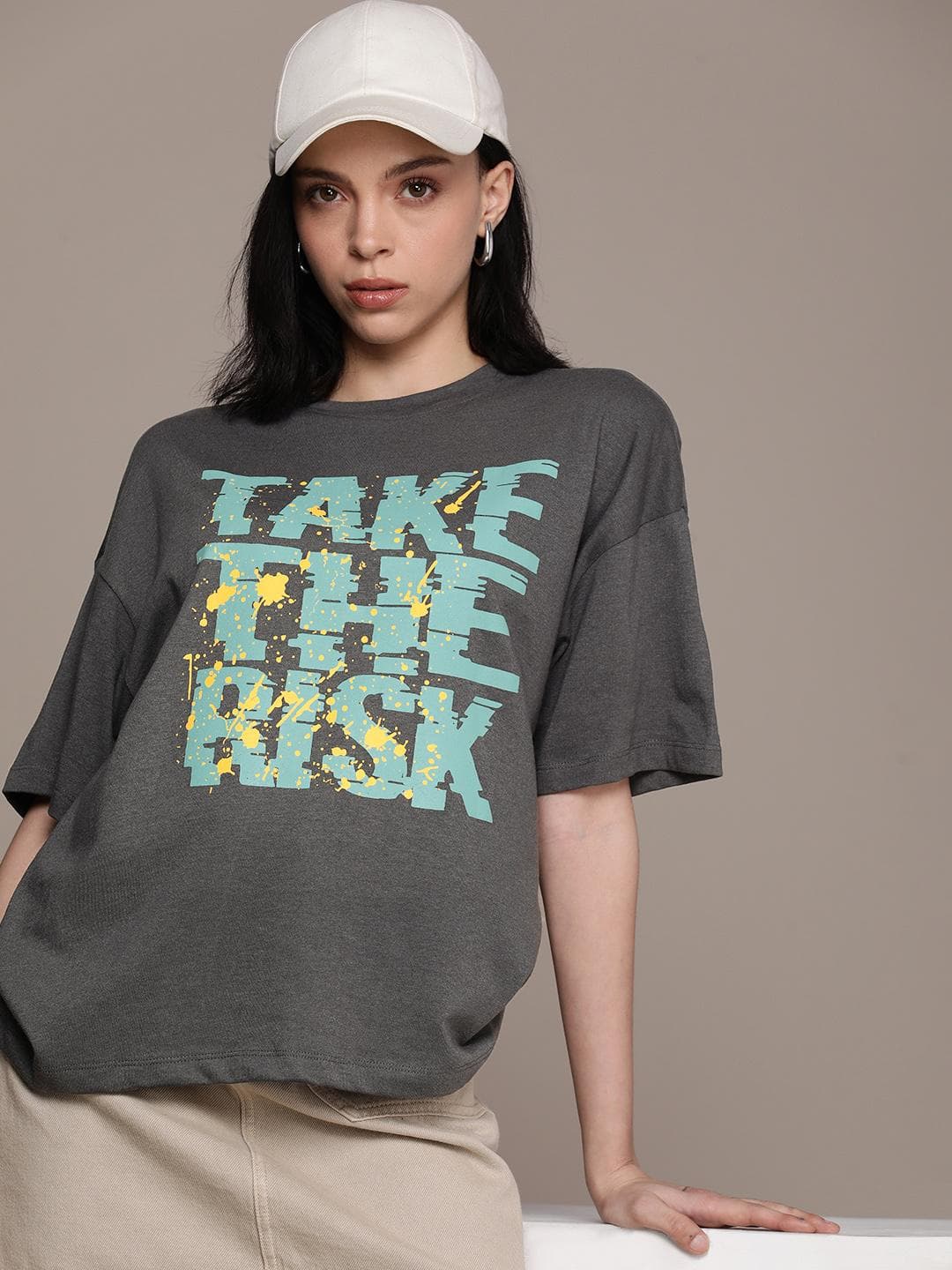 The Roadster Life Co. Typography Printed Drop-Shoulder Sleeves Oversized T-shirt