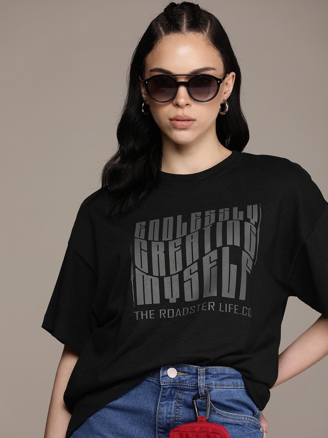 The Roadster Life Co. Typography Printed Drop-Shoulder Sleeves Oversized T-shirt