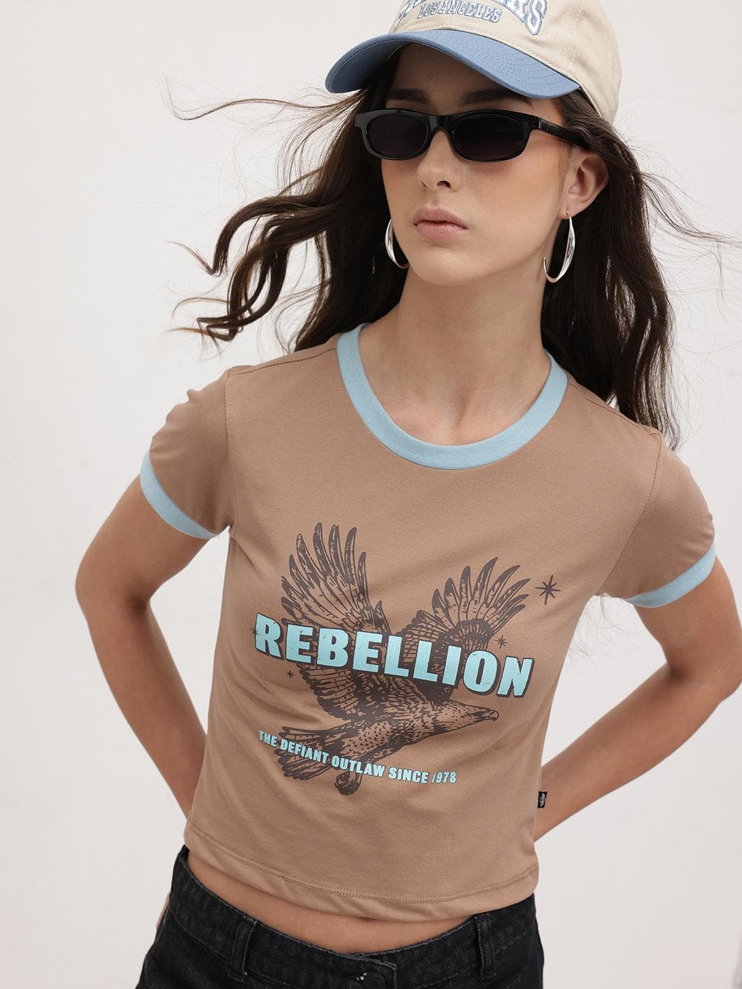 The Roadster Life Co. Women Typography Printed Round Neck Slim Fit Crop T-shirt