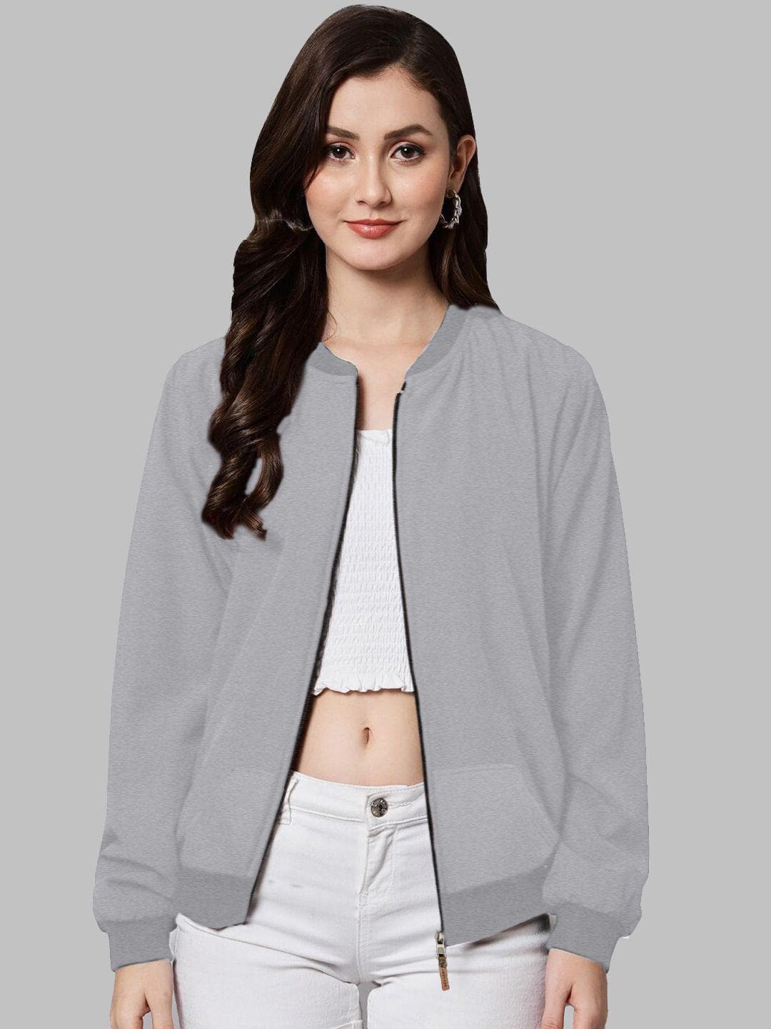 Leotude Women Stand Collar Solid Fleece Casual Bomber Jacket