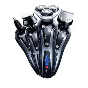 SURKER 3 in 1 Electric Cordless Waterproof USB Rechargeable Dry Wet Grooming Beard Electric Shaver Trimmer Kit with Facial Cleansing Brush for Men for Nose, Hair, Black