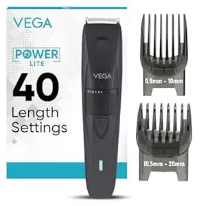 Vega Trimmer Men Beard with 90 Mins Runtime, Stainless Steel Blades & 40 Length Settings, 2 Comb Attachment, Trimmers for Man, USB Type C, Charging Indicator, Travel Lock, Black, (Power Lite, VHTH-38)