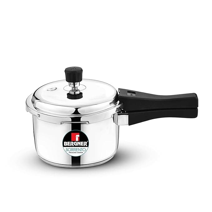 Bergner Sorrento Stainless Steel 3 Litres Outer Lid Pressure Cooker, Pressure Cooker with Heavy Bottom, Easy Open and Close Lid, Healthy Cooking, Easy to Clean - Induction Bottom and Gas Stove Ready