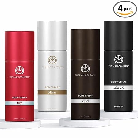 The Man Company Long Lasting Deodorant Gift Set for Man - 150ml (Pack of 4) | Blanc, Fire, Black & Oud | Musk, Sandalwood, Amber and Patchouli Premium Deo for Man| | Fresh scent for daily office wear | Long-Lasting Smell | Aerosol |