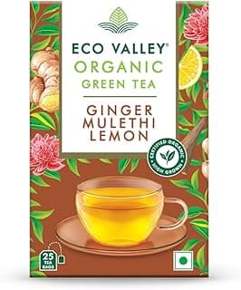 Eco Valley Organic Green Tea - Ginger Mulethi Lemon - 25 Tea Bags | Boost Energy, Helps Burn Body Fat, Low Calories | Grown In Nilgiris | Rich in Antioxidants | 50 grams, Pack of 1