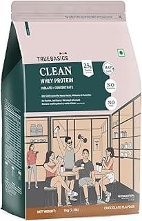 TrueBasics Clean Whey Protein Powder Isolate & Concentrate Blend (Chocolate, 1kg) | 25g Protein per Scoop | Trustified Gold Certified