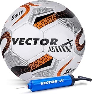 Vector X Venomous PVC Machine Stitched Indoor/Outdoor Water-Resistant Football + Pump with Butyl Bladder, White-Orange, Size 5, Suitable for Match and Training for Adults 15+ Years