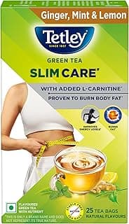 Tetley Green Tea Slim Care, With Added L-Carnitine, Helps Burn Body Fat, Boosts Energy, Low Calories, Delicious Natural Ginger, Mint and Lemon Flavours, Makes 25 cups