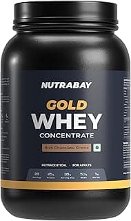 Nutrabay Gold Whey Protein Concentrate with Digestive Enzymes 25g Protein, 5.3g BCAA, 3.9g Glutamic Acid – Muscle Support & Recovery – 1kg, Rich Chocolate Crème | Trustified Certified Authentic
