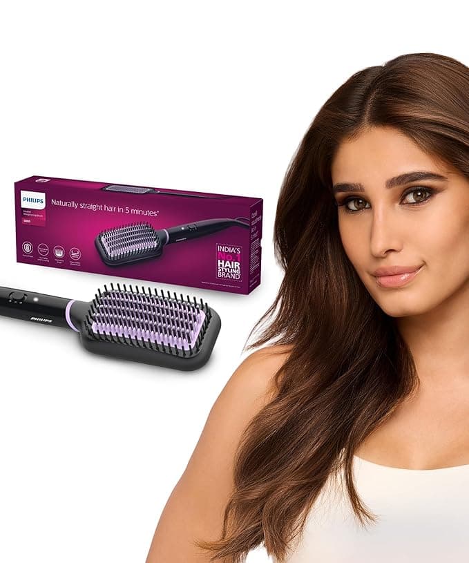 Philips India's No.1 Hair Styling Brand -Hair Straightener Brush, Naturally Straight in 5 Mins,5X Less Frizz,SilkProtect Keratin Tech,Triple Bristle Fast 50s Heatup,Scalp Protect,For Indian Hair,BHH880