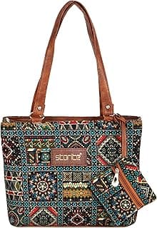 Storite Women's Tote Bag With Leather Handles & Embroidery Printed bag With Zip Pockets, Shoulder Tote Bag And Handbag For Office And College