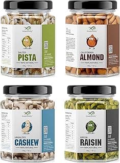 GreenFinity Premium Dry Fruits Combo Pack | California Almonds, Unsalted Cashews, Salted Pistachios & Green Raisins | 200g Each | Healthy Snacks & Corporate Gifting