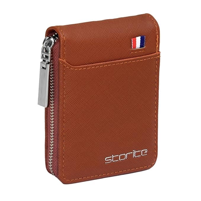 Storite PU Leather 9 Slot Vertical Credit Debit Card Holder Money Wallet Zipper Coin Purse for Men Women - Lightbrown (11.5 x 1.75 x 8 cm)